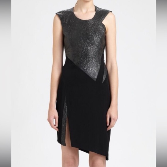 ❗️NEW Helmut Lang Crystal Leather Black Two Tone Asymmetrical Sheath Dress - Picture 3 of 17